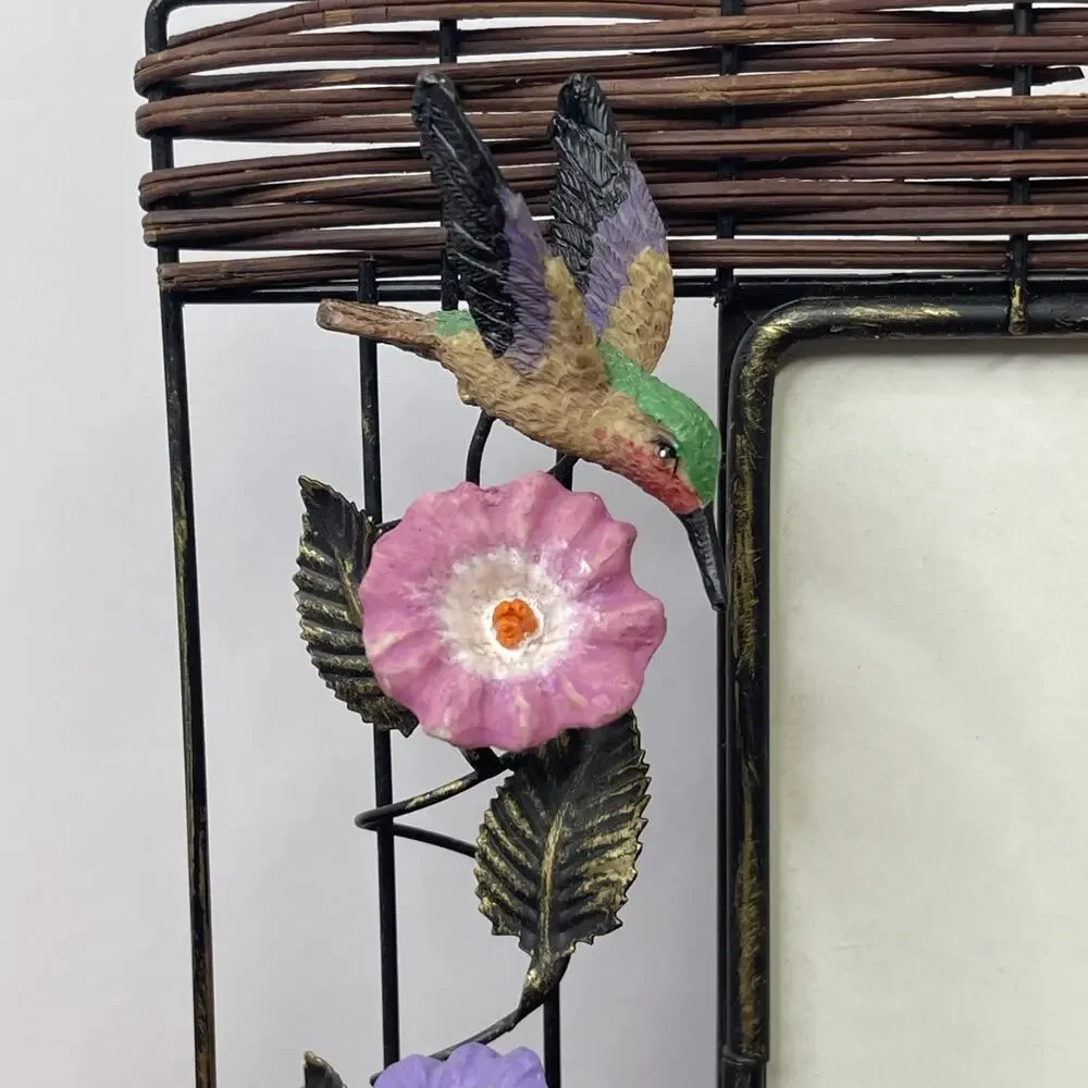 Ceramic Hummingbird Flower 5 X 7 Picture Frame Woven Metal Framed